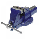 Blue bench vise with adjustable handle on a white background