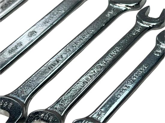 New Old Stock 1960's Gray Canada 6pc Double End Wrench Set 5/16"- 7/8" c/w Metal Holder - Cardon Tools