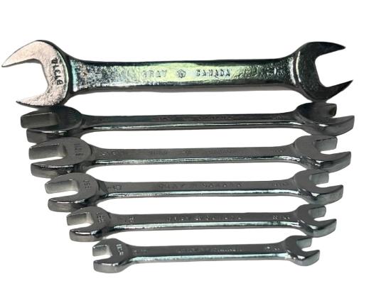 New Old Stock 1960's Gray Canada 6pc Double End Wrench Set 5/16"- 7/8" c/w Metal Holder - Cardon Tools