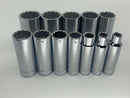 New Old Stock 12 p Set SK S-K USA Made SuperKrome 1/2" Dr. Deep Socket Set 3/8" - 1-1/4" - Cardon Tools