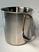 Stainless steel cup with handle on a white background