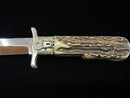 New Old Stock HUBERTUS Germany "Pigsticker" Folding Swing Guard Bowie Knife with Stag Handles