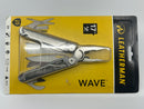Leatherman Wave multi-tool packaging on a gray background
