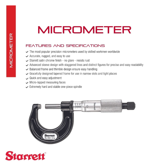 Starrett  0-1" x 0.001" grad. Outside Micrometer with Carbide Faces and Ratchet Thimble 436.1XRL-1 - Cardon Tools