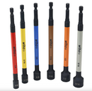 Set of six drill bits with different sizes and colors on a white background