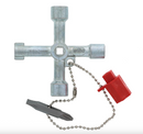 Metal tool with a chain and red component on a white background
