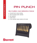 Starrett pin punch set with features and specifications on a white background