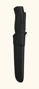 Black pocket knife with a sheath on a white background