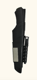 Black knife sheath with a blade on a white background