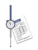 Dial indicator with a calibration certificate on a white background