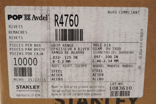 Box of 10,000 Stanley Advel Pop Rivets .032-.125" Grip Range  Steel USA R4760 - Cardon Tools