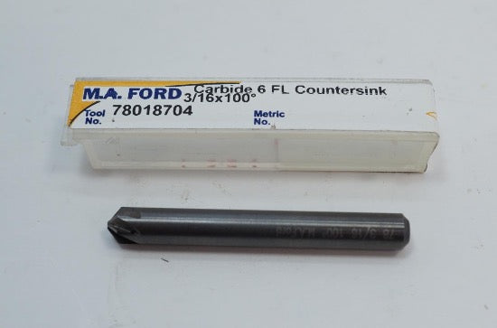 M.A. Ford Carbide 6 Flute Chatterless Countersink 3/16" x 100° Drill Bit - Cardon Tools