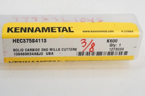 Kennametal 3/8" Solid Carbide 4 Flute End mill Cutter. HEC375S34113 USA made - Cardon Tools