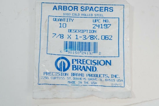New Old Stock 10  Precision Brand USA Milling Machine Arbor Spacers 7/8"x1-3/8"x.062" Shim - Cardon Tools